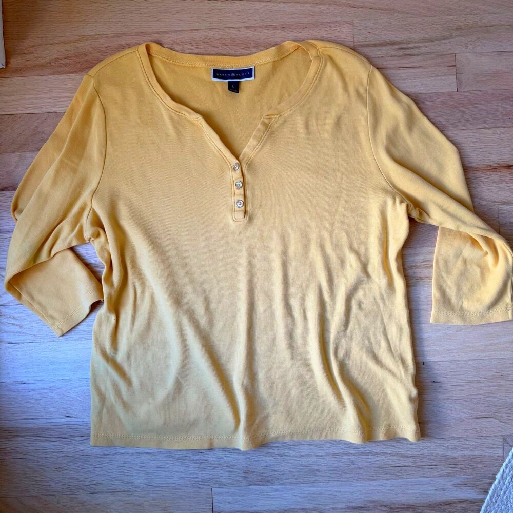 Buttery Yellow Relaxed Casual Henley Long Sleeve Top - Large